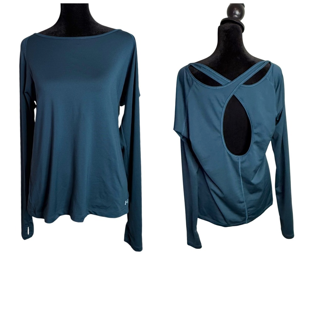 Under‎ Armour Top Womens M Teal Blue Strappy Open Back Performance Thumbholes